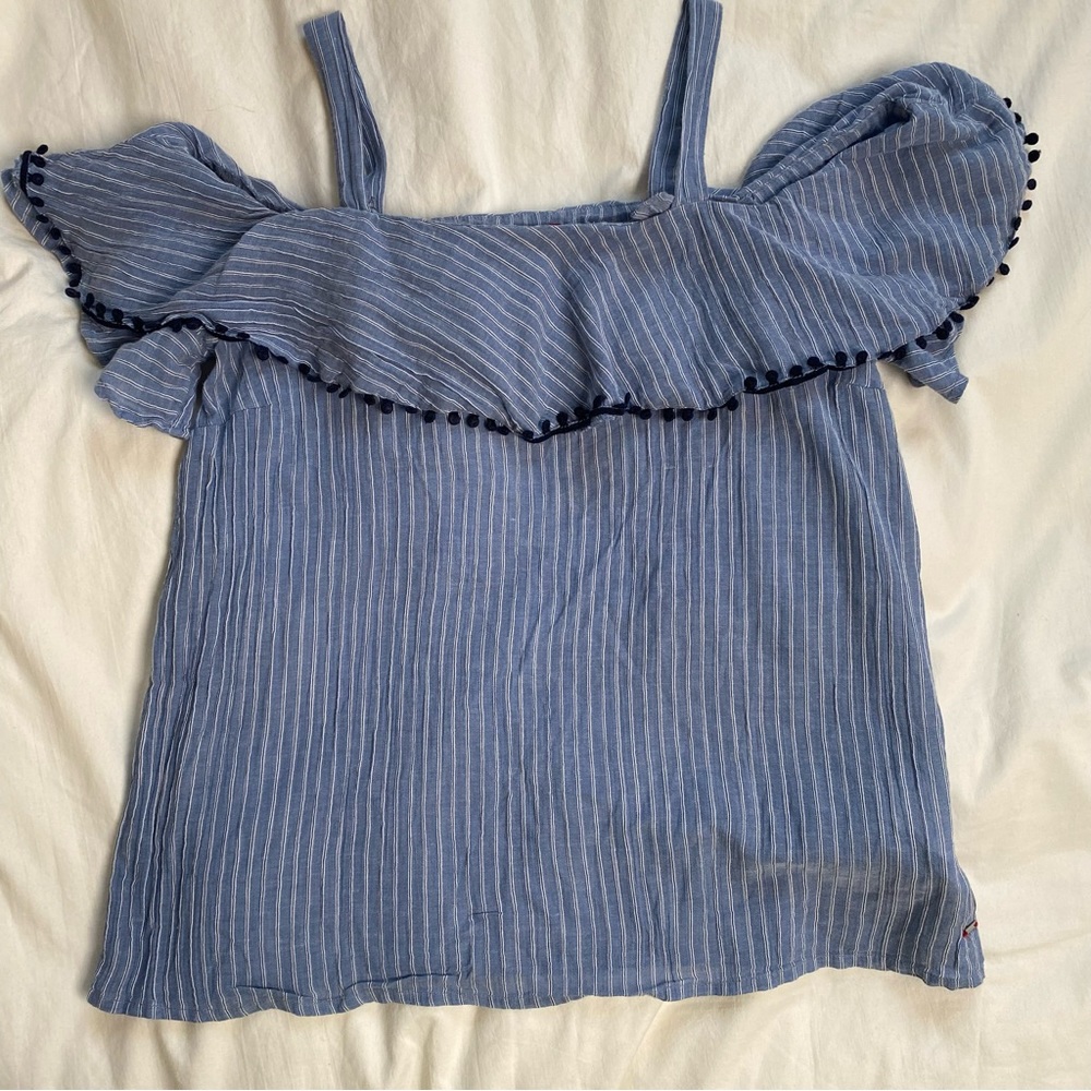 Tommy Hilfiger Off the Shoulder Top with Pom Poms size XXS linen blend